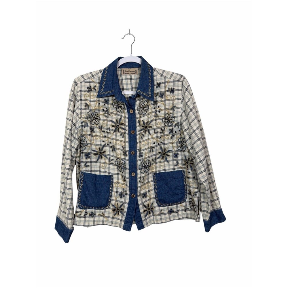 Vintage New Direction Embroidered Plaid Denim Shirt Jacket Shacket Cottagecore